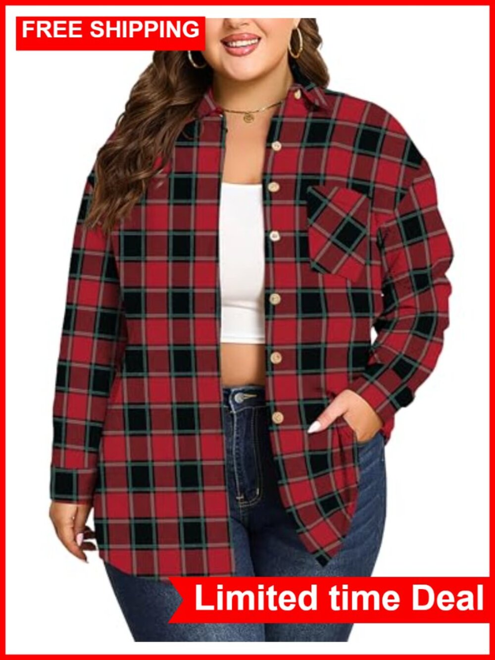 Plus Size Flannel Plaid Button Down Shirt Long Sleeve Collared Blouse